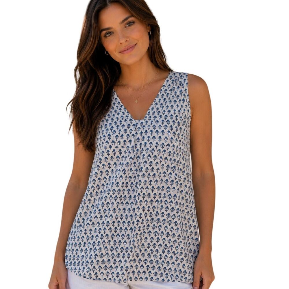 Rebecca Taylor Floral Pleat Front Tank Womens Size 0 Blue Ditsy Tulip V-Neck Top